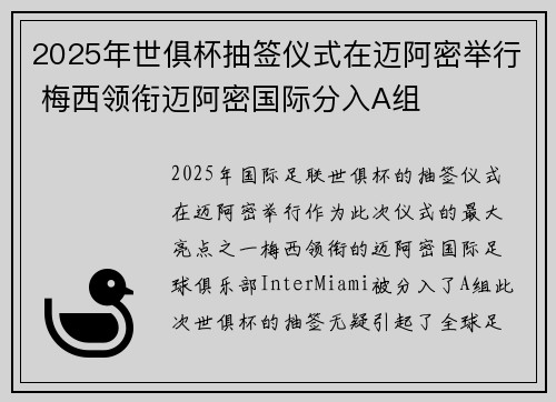 2025年世俱杯抽签仪式在迈阿密举行 梅西领衔迈阿密国际分入A组