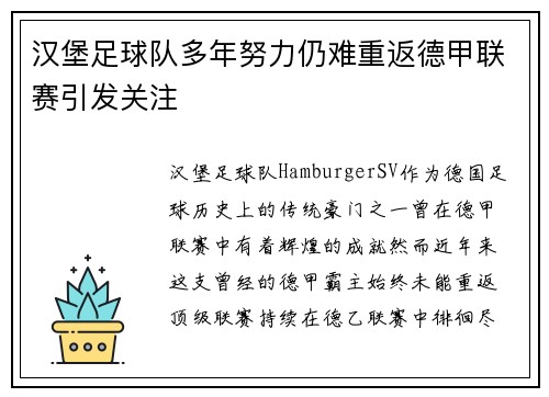 汉堡足球队多年努力仍难重返德甲联赛引发关注 汉堡足球队多年努力仍难重返德甲联赛引发关注